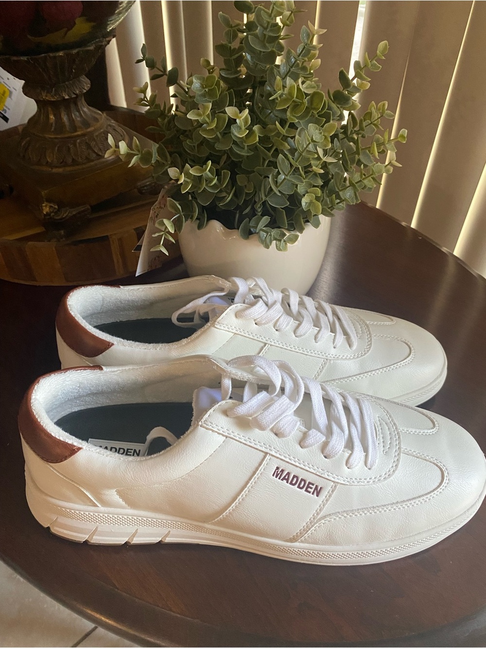 Men’s White Madden Orthopedic Sneakers with Brown Heel Accent